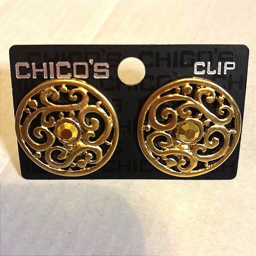 Chicos Gold Tone Round Filigree Amber Rhinestone Clip On Earrings NWT New